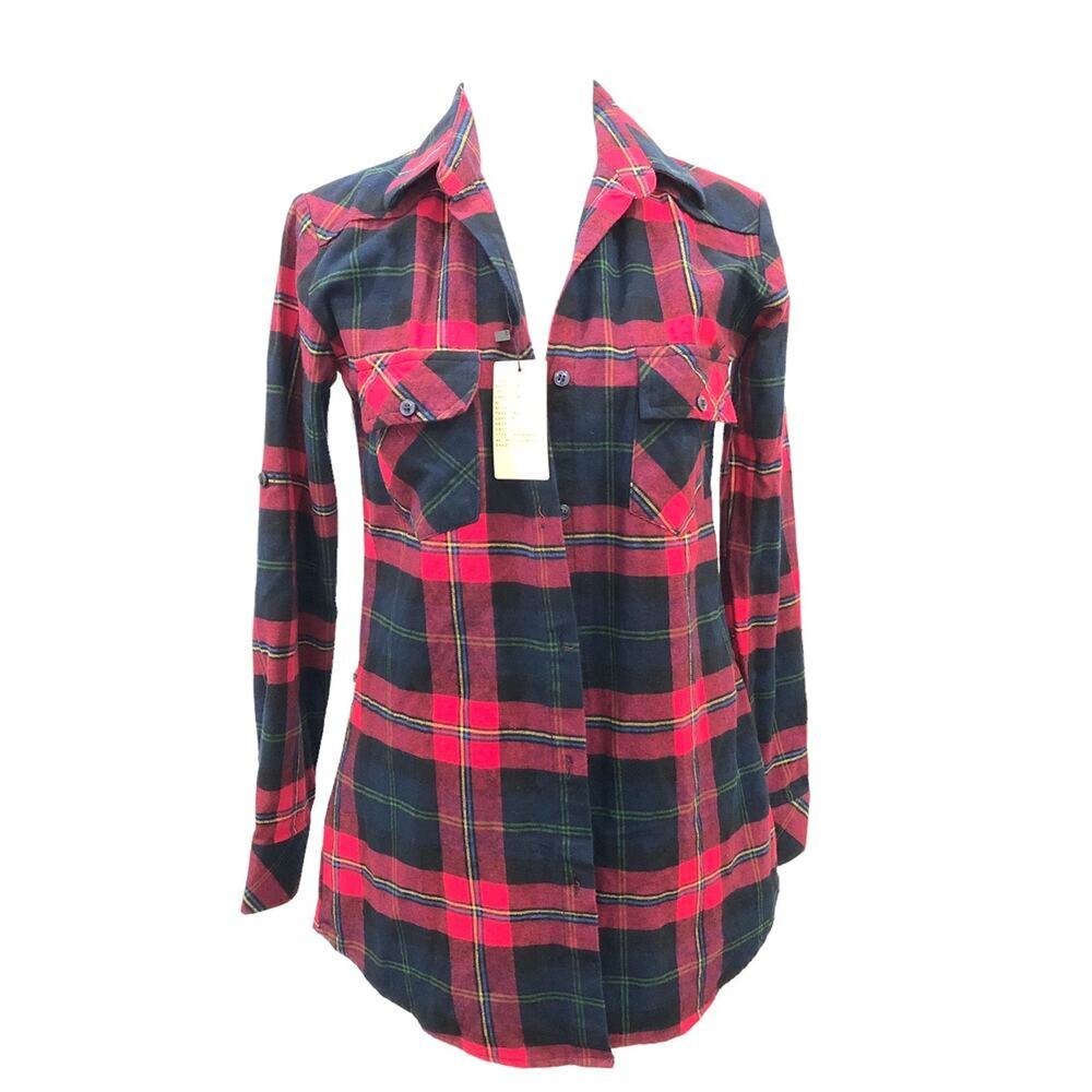 Matchstick Flannel Shirt Red Plaid Roll Tab Sleeves Tie Back Waist XS NWT